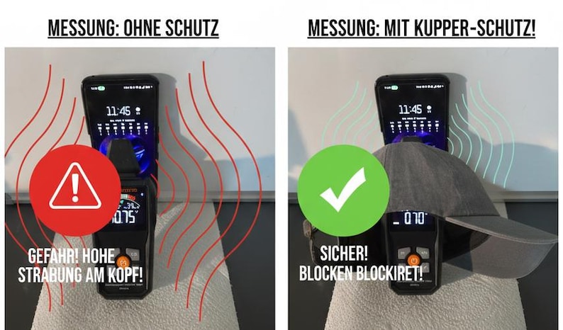 May include: Image comparing radiation levels with and without a protective cap. The left side shows a red warning symbol and text: "DANGER! HIGH RADIATION ON THE HEAD!" The right side shows a green checkmark and text: "SAFE! BLOCK BLOCKED!"