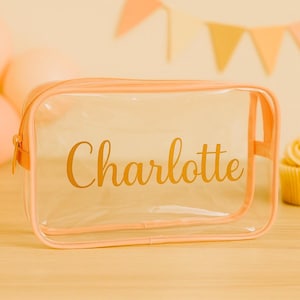 Puede incluir: Un neceser rectangular transparente con ribete y cremallera color melocotón. El nombre "Charlotte" está impreso en escritura dorada en la parte delantera. El fondo incluye globos color melocotón, una magdalena y una pancarta.
