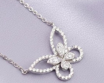 Collier pendentif papillon diamant/moissanite pour femme Plaqué or 14 carats Bijoux faits main en argent