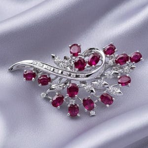 Damen Rubin & Diamant Blumenbrosche 14k Vergoldetes Silber Damen Eleganter Schmuck