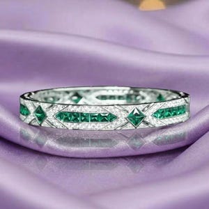 Emerald & Diamond Bangle Bracelet 14K Gold Plated Silver Handmade Jewelry Gift For Her