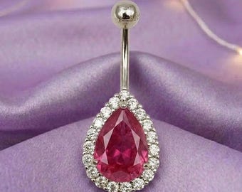 Pear Ruby & Diamond Halo Belly Button Ring 14k Gold Plated Silver Navel Jewelry