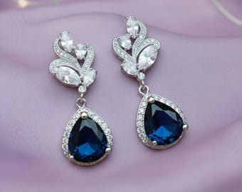 Women's Pear Sapphire & Diamond Floral Drop Earrings 14K Gold Plated Silver Luxury Jewelry Gift