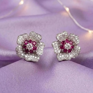 Ruby & Diamond Flower Stud Earrings 14K Gold Plated Silver Vintage Bridal Jewelry Gift