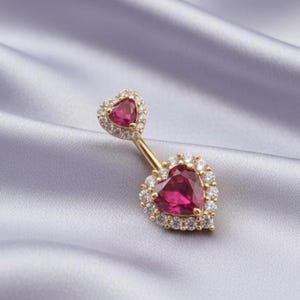 Ruby Heart Belly Button Ring, 14k Yellow Gold Plated Barbell, Handmade Navel Jewelry
