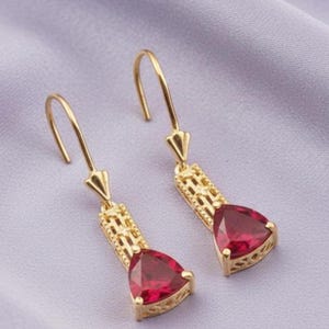 Trilliant Ruby Women's Drop/Dangle Earrings 14k Gold Plated Silver Occasional Jewelry
