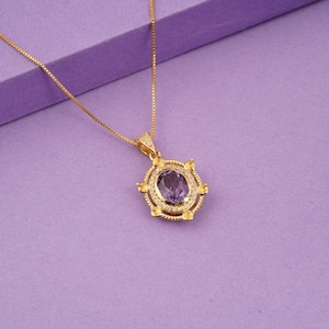 Amethyst Pendant Necklace, Round Shape Diamond Halo Pendant, 14K Gold Plated Handmade Necklace, February Birthstone Women&#39;s Gift Pendant