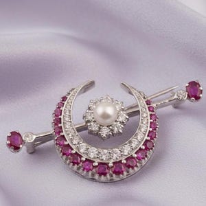 Maan Broche Robijn Parel/Diamant Broche Pin 14k Verguld Zilver Klassieke Sieraden Cadeau