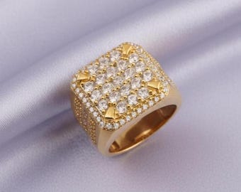 Diamond/Moissanite Cluster Men's Ring 14k Gold Plated Silver Handmade Jewelry