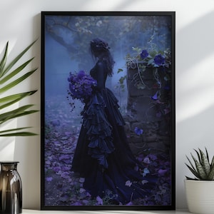 Impressão artística gótica de setembro: floral escuro, ásteres roxos, decoração de quarto com temática de bruxa