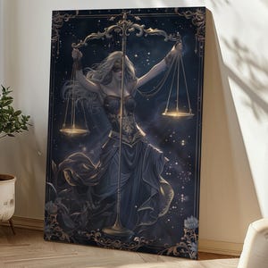 Gerechtigkeit Tarot Karte Wandkunst, Göttin mit verbundenen Augen, dunkles feminines Dekor, spirituelle Balance Leinwand, Geschenk für mystische Frauen