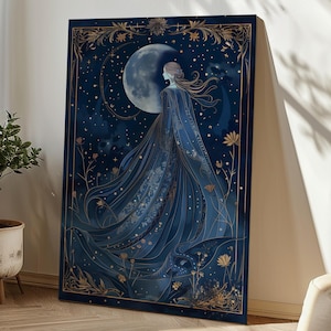 Der Mond Tarot Karte Leinwand, mystische himmlische Wandkunst, göttlich weibliches witchy Dekor, Intuition und Schatten Arbeit Druck, spirituelles Geschenk