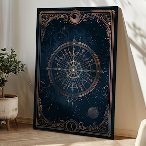 Wheel of Fortune Tarot Karte Leinwand, Celestial Wand Kunstdruck, mystische Astrologie Dekor, Tarot Poster, okkultes inspiriertes Geschenk