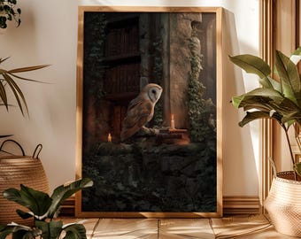 Gothic Barn Owl Print: Dark Academia Library Wall Art
