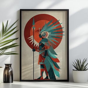 Op de afbeelding: Een ingelijste kunstdruk met het gestileerde profiel van een krijger met een grote turquoise gevederde hoofdtooi en rood harnas, die een lange speer vasthoudt. De figuur staat voor een grote rode cirkel op een lichtbeige achtergrond.