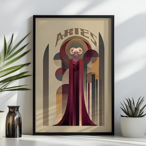 Peut inclure: Impression d'art encadrée représentant le signe astrologique du Bélier. L'œuvre représente une figure en longue robe bordeaux avec un fond géométrique dans les tons de marron, or et gris. Le mot "ARIES" est affiché en haut.