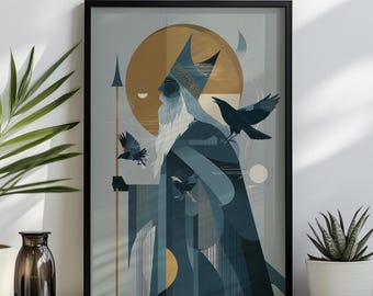 Odin Norse God Wall Art, Viking Mythology Poster, Abstract Nordic Pagan Decor Print