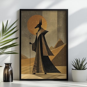 Anubis – sztuka ścienna: abstrakcyjny obraz z mitologii egipskiej, bóg zmarłych, wydruk w ramce lub na płótnie