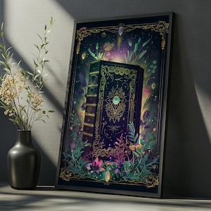 Lámina artística de libro mágico: decoración gótica de biblioteca con temática de brujas