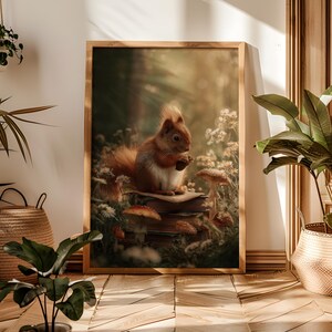 Könnte beinhalten: Ein gerahmter Wandkunstdruck, der ein rotes Eichhörnchen zeigt, das auf einem Stapel alter Bücher sitzt, umgeben von kleinen Pilzen und weißen Wildblumen in einer sonnendurchfluteten Waldumgebung mit warmem, goldenem Hintergrund.