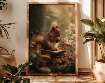 Pode incluir: Uma impressão de arte de parede emoldurada apresentando um esquilo ruivo sentado sobre uma pilha de livros antigos, rodeado por pequenos cogumelos e flores silvestres brancas num cenário de floresta ensolarado com fundo dourado.
