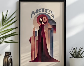 Arte mural del signo zodiacal Aries, ilustración abstracta de la diosa carnero, póster astrológico, decoración audaz del signo de fuego.