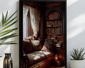 Dark Academia Leseecke Druck, Vintage Bücherregal, Gothic Decor