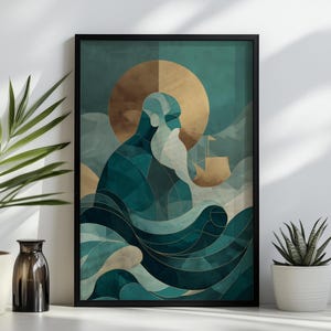 Njord Norse God Wall Art, Viking Sea God Poster Print, Mythology Framed Canvas or Framed Poster for Nautical Décor