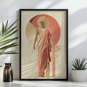 Könnte beinhalten: Ein gerahmter Kunstdruck mit einer stilisierten Figur in fließenden Gewändern in Terrakotta und Creme. Die Figur steht vor einem großen kreisförmigen Sonnenstrahlenmotiv in Rot- und Beigetönen, akzentuiert durch feine Linien und Blattmotive.