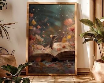 Stampa artistica di un topolino stravagante che legge un libro: decorazione per la cameretta in stile cottagecore