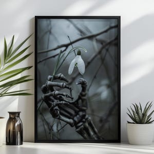 Gothic Skeleton Hand & Snowdrop Flower Print: Dark Academia Wall Art