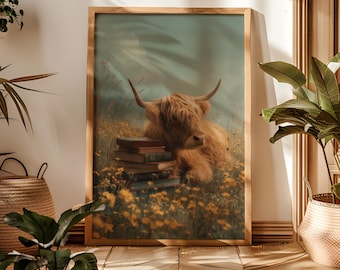 Highland Cow Print: Rustic Farmhouse Wall Art with Books & Wildflowers