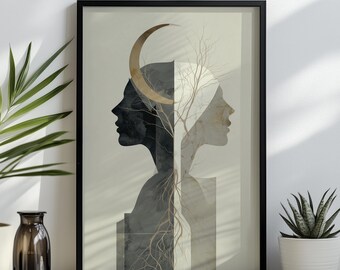 May include: A framed vertical wall art print featuring two opposing human profiles in black and white. A golden crescent moon sits above the heads, and a bare, branching tree structure extends downward between the faces, connecting to roots.