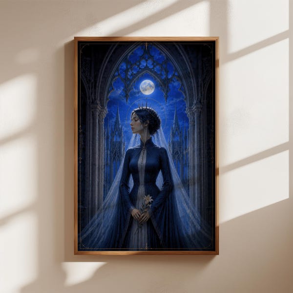 Moonlit Maiden Wall Art, Dark Fantasy Print, Celestial Woman Poster, Mystical Blue Decor
