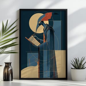 May include: A framed wall art print featuring a stylized figure with a bird-like head, wearing a long robe and holding an open book with hieroglyphic-style text. The composition uses a dark blue, cream, and orange color palette with geometric lines.