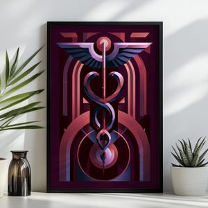 Può includere: Una stampa artistica da parete rettangolare incorniciata raffigurante un simbolo del caduceo stilizzato in tonalità viola intenso, magenta e blu scuro. Il design incorpora archi geometrici e un bastone alato centrale intrecciato con due serpenti.
