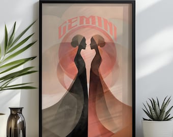 Gemini Zodiac Wall Art, Twin Feminine Astrology Poster, Air Sign Illustration, Home Decor