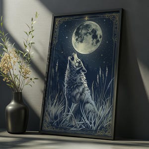 Wolf Howling at the Moon Wall Art, Dark Forest Gothic Poster, Cute Lunar Animal Spirit Decor, Witchy Nature Gift for Wildlife & Moon Lovers