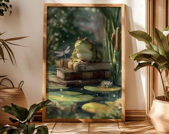 Whimsical Frog Reading Print: Cottagecore Book Lover Gift