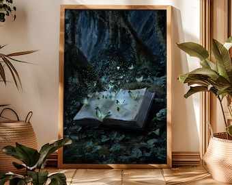 Può includere: Una stampa artistica rettangolare con cornice in legno chiaro raffigurante un libro aperto su un terreno boschivo scuro e muschioso. Farfalle luminose e traslucide emergono dalle pagine, circondate da una luce soffusa e ombre profonde.