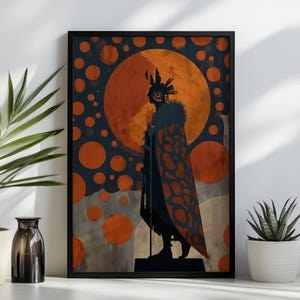 May include: A framed wall art print featuring a dark silhouette of a figure wearing a patterned cloak and a tall headdress. The background displays a large orange circle resembling a moon surrounded by various orange dots against a dark blue sky.