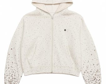 White Rhinestone Zip Hoodie – Sparkle Designer Sweatshirt, Festival Streetwear Jacket, Luxury Casual Hoodie