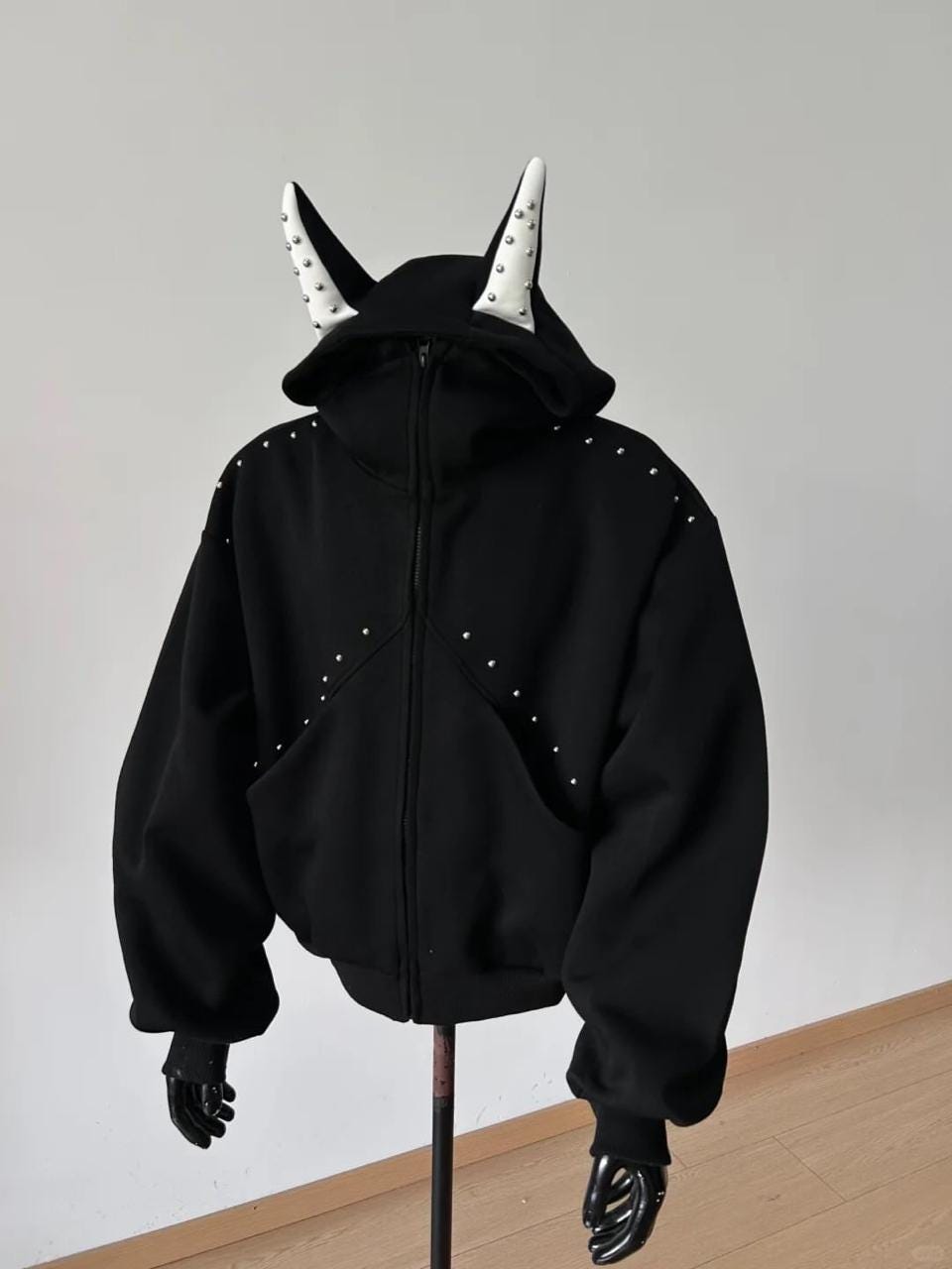 Devil Horn Hoodie – Gothic Black Zip up Jacket With Studded Spikes