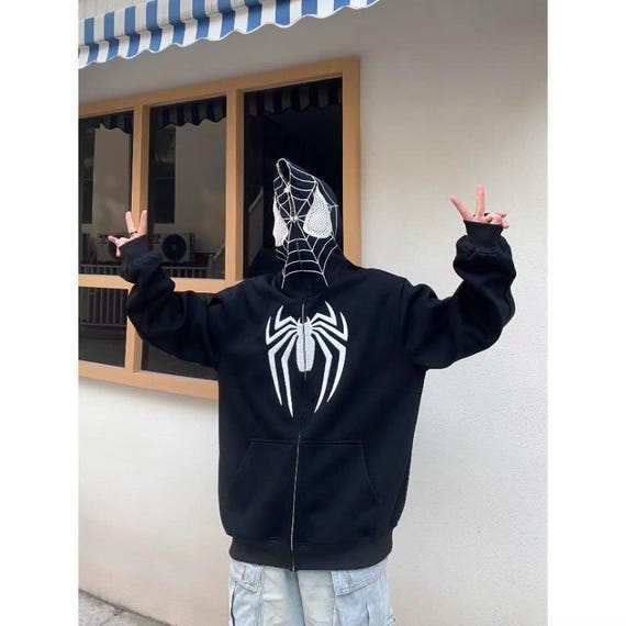 Spider Web Full Face Zip Hoodie: Embroidered Cosplay Streetwear - Etsy