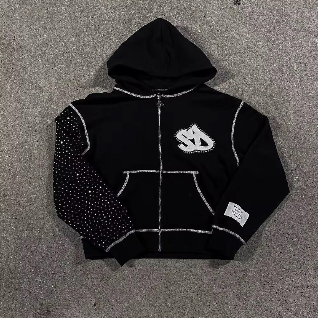 Rhinestone Zip-up Hoodie: Black Cotton Blend, Sparkling Streetwear