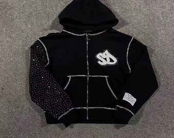 Rhinestone Zip-up Hoodie: Black Cotton Blend, Sparkling Streetwear