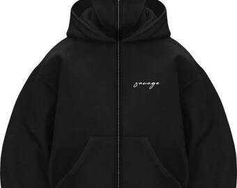 Black Full Zip Hoodie – “savage” Embroidered Face Mask Hoodie