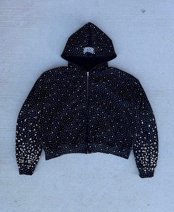 Black Rhinestone Zip Hoodie | Crystal Studded Hoodie | Sparkle