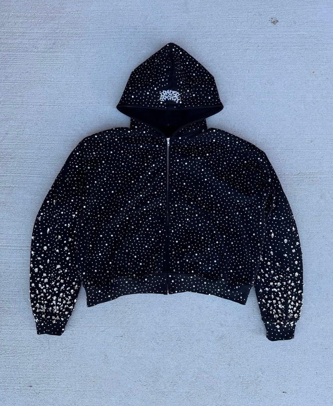 Black Rhinestone Zip Hoodie | Crystal Studded Hoodie | Sparkle