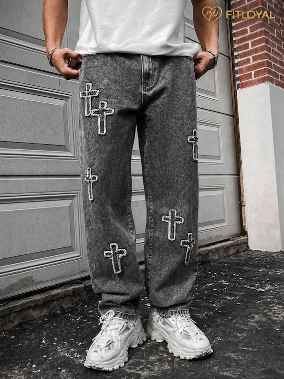 Men's Washed Grey Cross Patch Baggy Jeans | Vintage Distressed